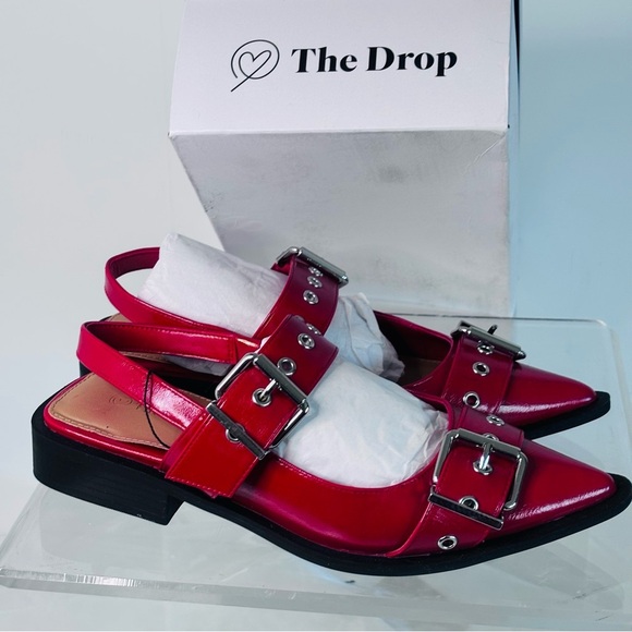 Women’s Red Patent Leather Flats with Silver Buckles - Picture 1 of 8